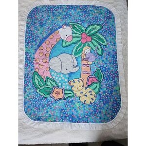 Vintage Baby Quilt Safari Theme Multicolored White Trim Blanket 36" X 46